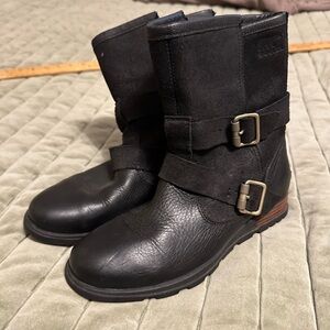 Black Leather Sorel Buckle Booties